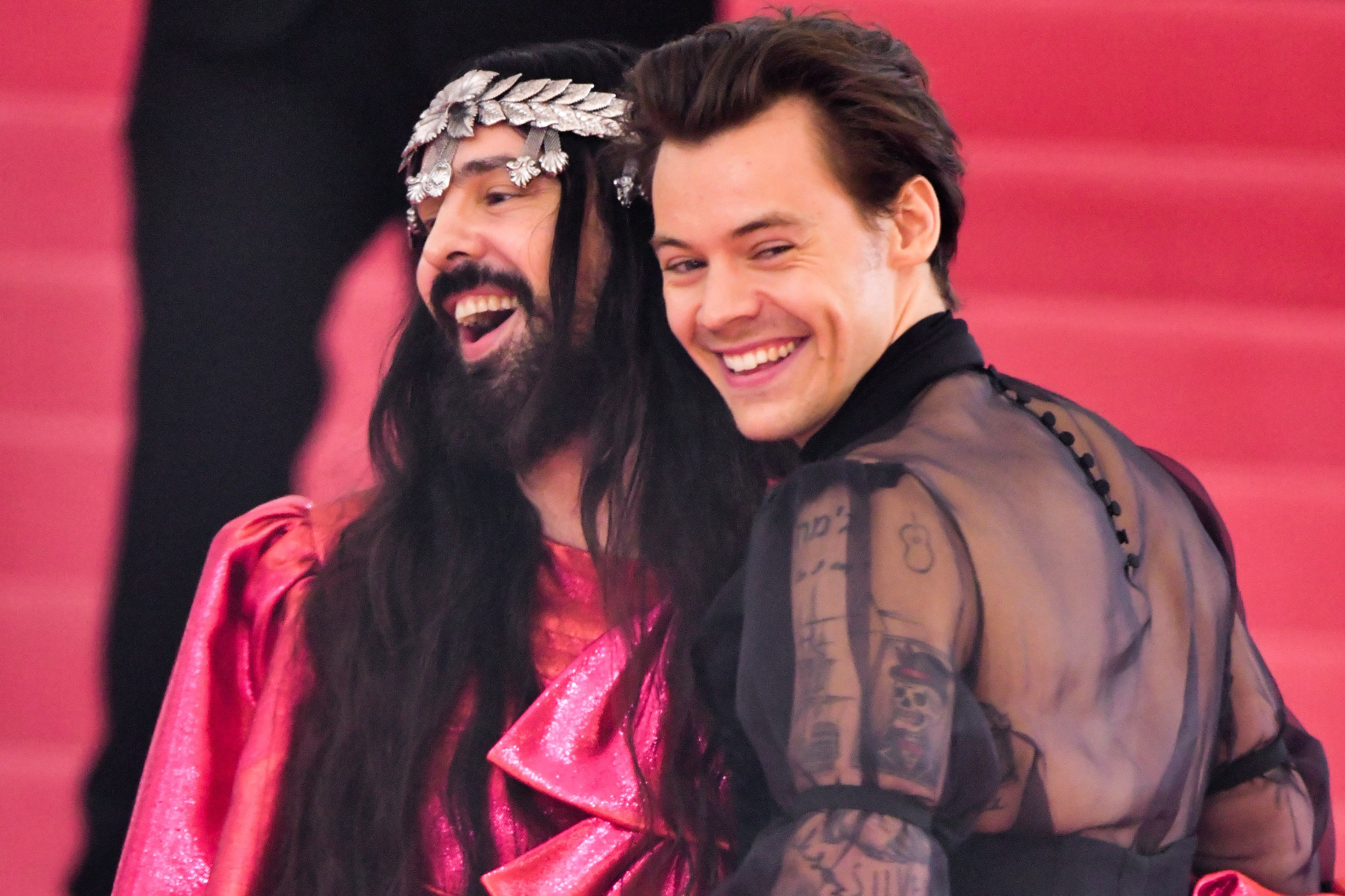 Harry Styles (R) arrives to The 2019 Met Gala Celebrating Camp: Notes on Fashion at Metropolitan Museum of Art on May 6, 2019 in New York City.