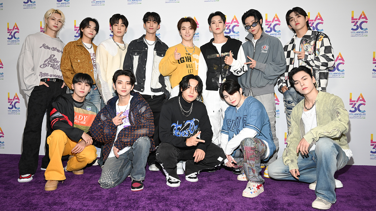 K-pop group Seventeen (Back Row L-R) Jun, Jeonghan, Wonwoo, DK, Dino, Hoshi, The 8 and S.Coups (Front Row L-R) Seungkwan, Joshua, Mingyu Woozi and Vernon arrives at LA3C held at Los Angeles State Historic Park on December 10, 2022 in Los Angeles, California.