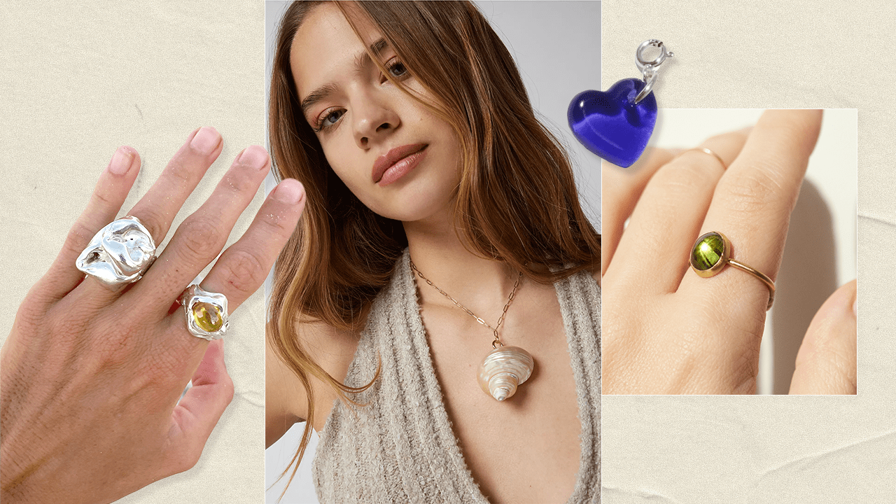 Jewelry trends like wabi sabi shapes, shells, hearts, charms, and gems.