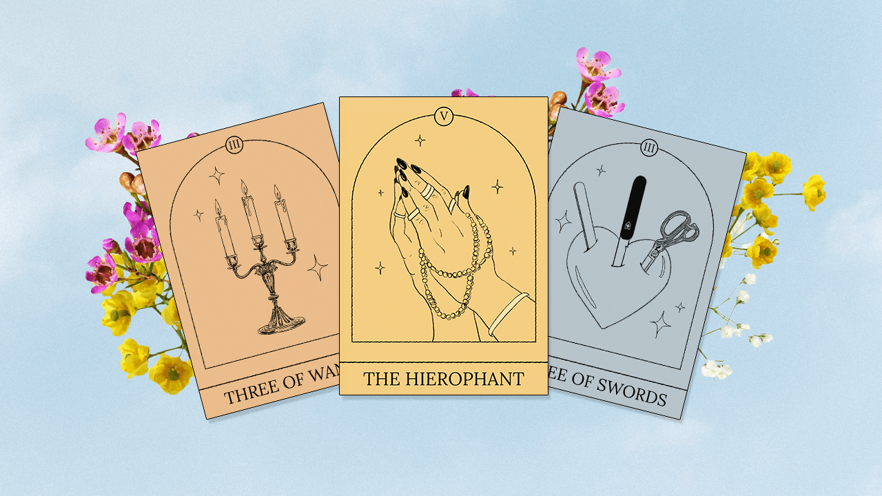 A selection of three Tarot cards to represent your weekly reading, surrounded by delicate springtime flowers
