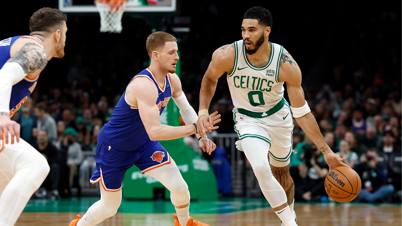 Boston Celtics forward Jayson Tatum drives to the basket in the first quarter on April 11, 2024 in Boston, MA.