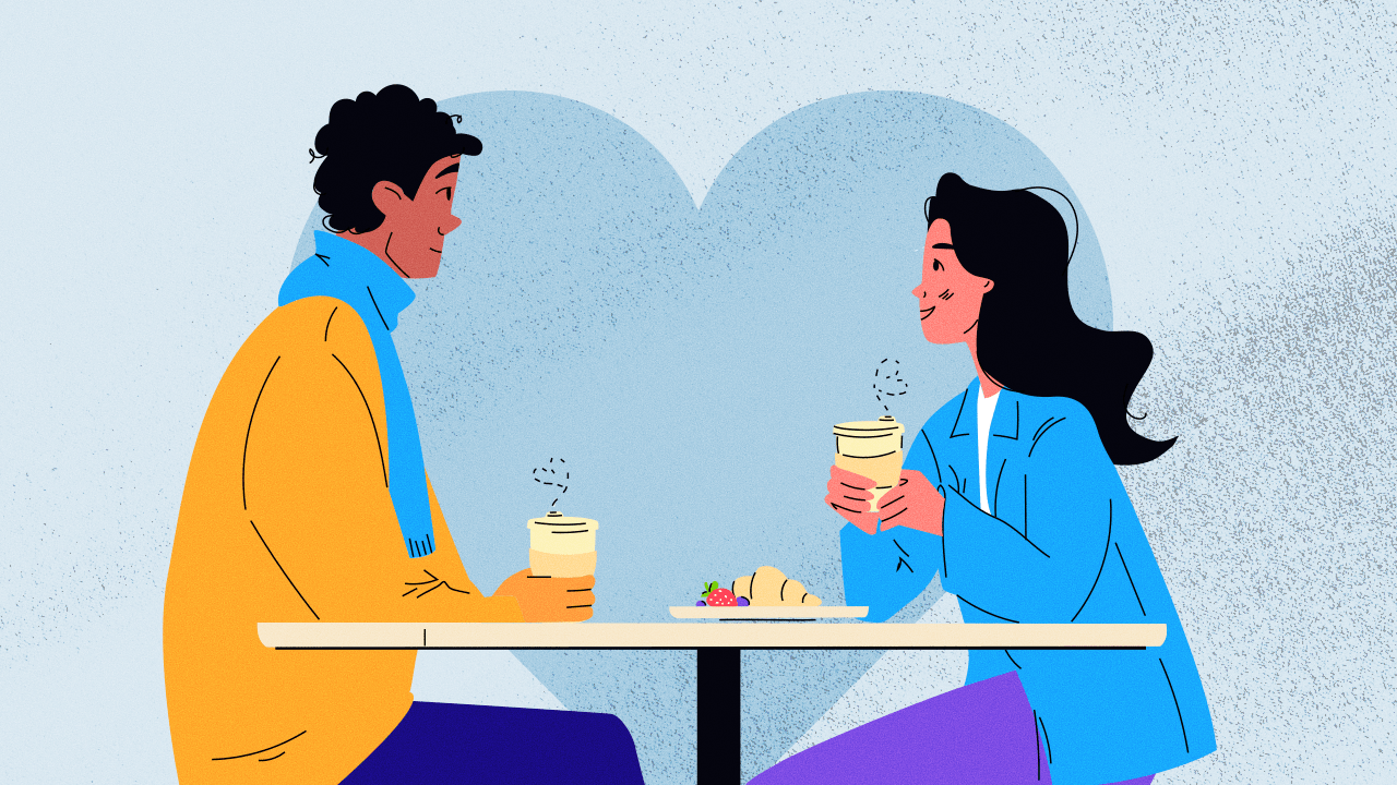 An illustration of a man and a woman having coffee together on a second date, which is often so much harder than the first date.