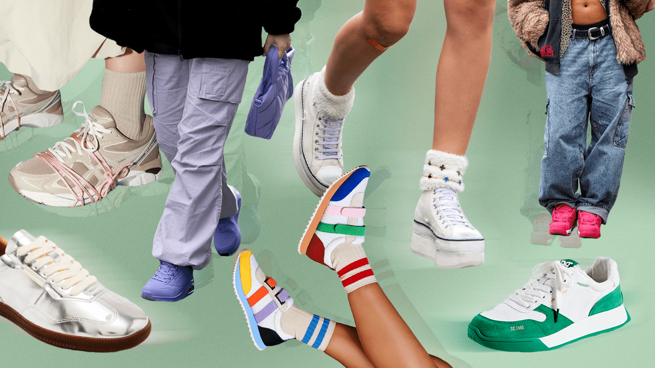 A collage of models wearing summer sneaker trends and standalone on-trend sneakers