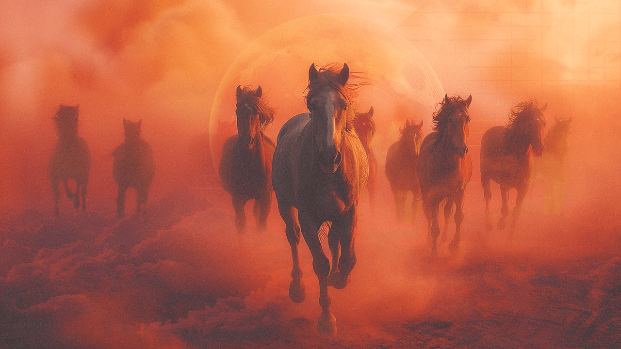 A pack of horses roaming on a red planet in front of a full moon, representing each zodiac sign's personality